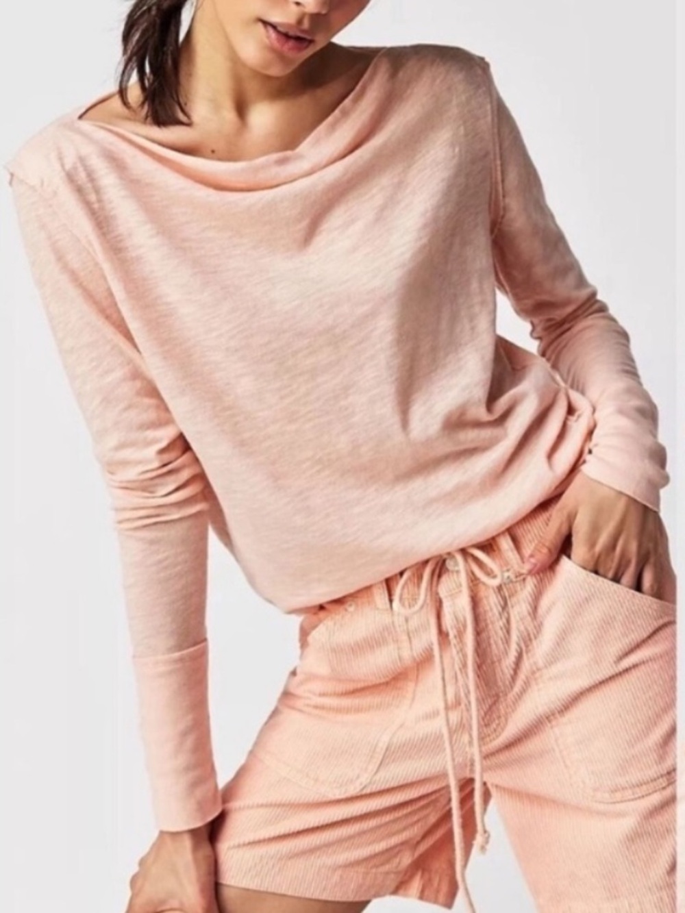 Free People Kimmi Size Large Pale Peach Long Sleeve Tee